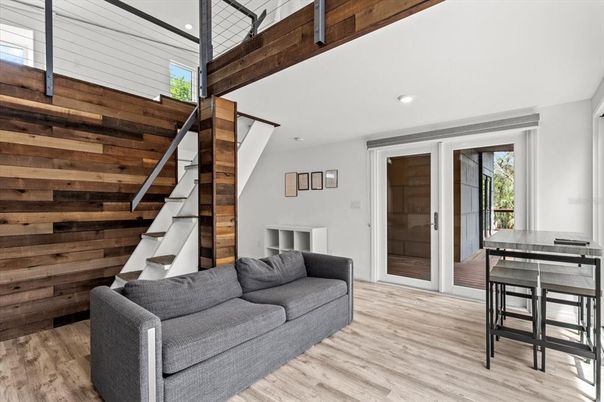 Interior, Recessed Lighting, Wood Texture Flooring, Wooden Walls