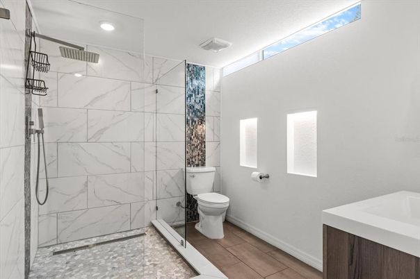 Bathroom, Glass Shower, Interior, Marble Walls, Recessed Lighting