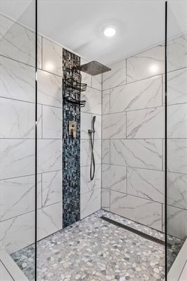 Bathroom, Glass Shower, Interior, Marble Walls, Recessed Lighting