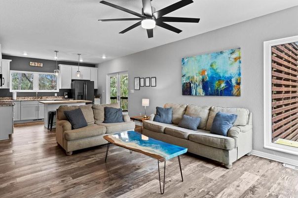 Interior, Kitchen, Living room, Pendant Lights, Recessed Lighting, Wood Texture Flooring