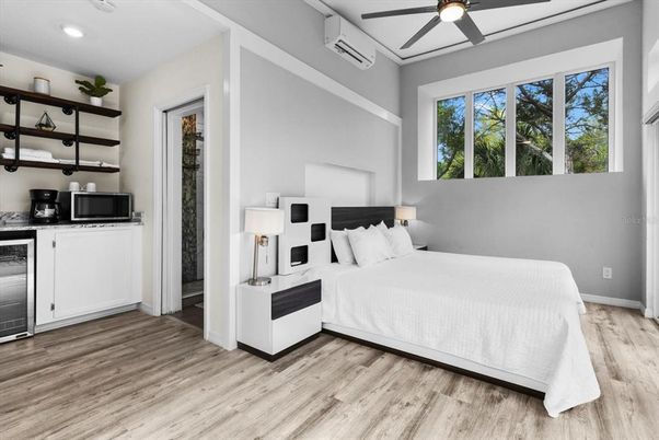 Bedroom, Interior, Recessed Lighting, Wood Texture Flooring