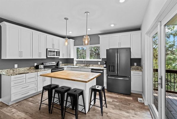 Interior, Kitchen, Pendant Lights, Recessed Lighting, Wood Texture Flooring