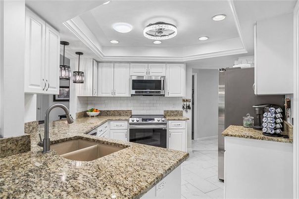 Interior, Kitchen, Marble, Pendant Lights, Recessed Lighting, Stainless Steel Appliances