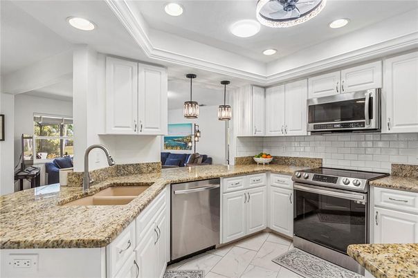 Interior, Kitchen, Marble, Pendant Lights, Recessed Lighting, Stainless Steel Appliances