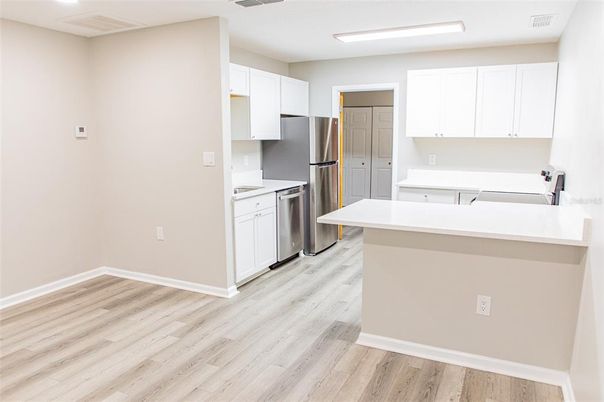 Interior, Kitchen, Recessed Lighting, Stainless Steel Appliances, Wood Texture Flooring