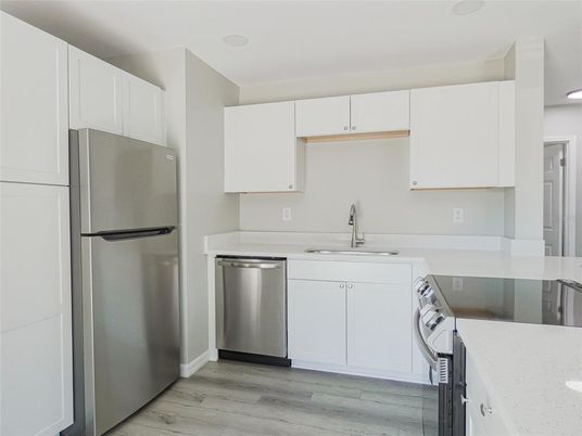 Interior, Kitchen, Recessed Lighting, Stainless Steel Appliances, Wood Texture Flooring