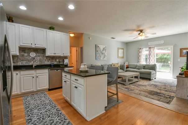 Interior, Kitchen, Living room, Recessed Lighting, Wood Texture Flooring