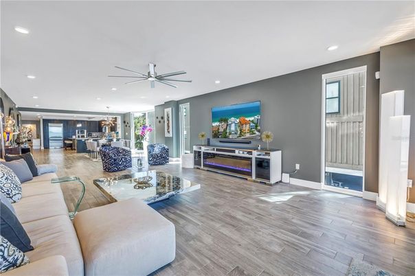 Dining room, Interior, Kitchen, Living room, Pendant Lights, Recessed Lighting, Stainless Steel Appliances, Wood Texture Flooring