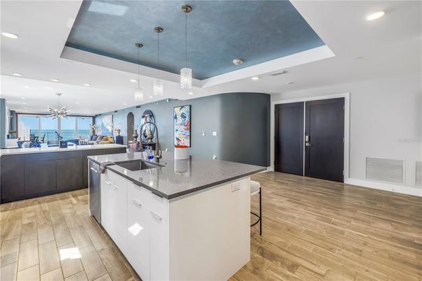 Interior, Kitchen, Pendant Lights, Recessed Lighting, Wood Texture Flooring