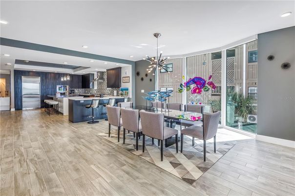 Dining room, Interior, Kitchen, Pendant Lights, Recessed Lighting, Wood Texture Flooring