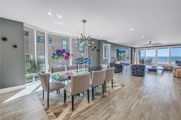 Dining room, Interior, Living room, Pendant Lights, Recessed Lighting, Water, Wood Texture Flooring