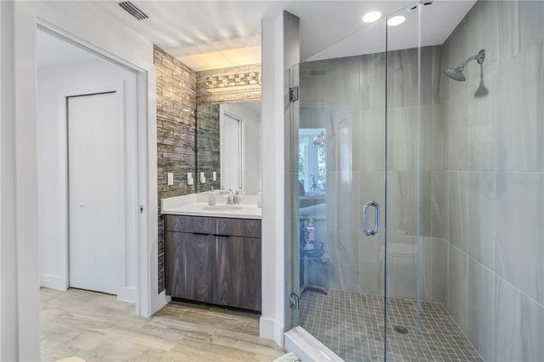 Bathroom, Glass Shower, Interior, Recessed Lighting, Wood Texture Flooring