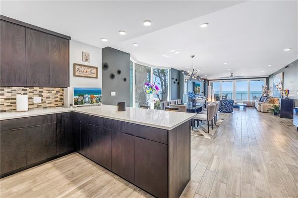 Dining room, Interior, Living room, Pendant Lights, Recessed Lighting, Water, Wood Texture Flooring
