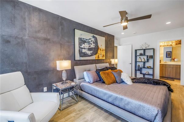 Bedroom, Interior, Recessed Lighting, Wood Texture Flooring