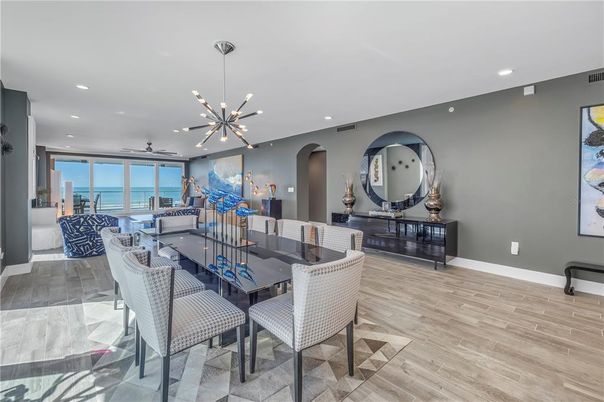 Dining room, Interior, Pendant Lights, Recessed Lighting, Water, Wood Texture Flooring