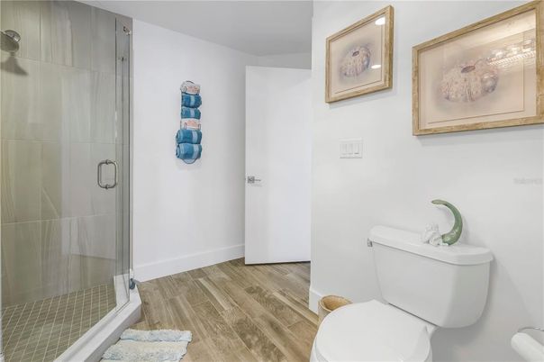 Bathroom, Glass Shower, Interior, Wood Texture Flooring