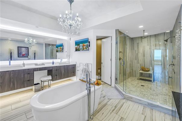 Bathroom, Chandelier, Dual Sink Vanities, Free Standing Baths, Glass Shower, Interior, Marble, Recessed Lighting
