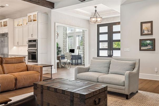 Dining room, Interior, Kitchen, Living room, Pendant Lights, Stainless Steel Appliances, Wooden Beams, Wood Texture Flooring