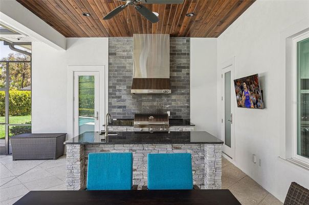 Interior, Kitchen, Recessed Lighting, Stainless Steel Appliances, Stone Walls, Wooden Ceilings