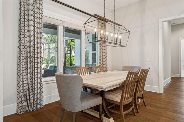 Dining room, Interior, Pendant Lights, Wood Texture Flooring