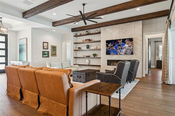 Fireplace, Interior, Living room, Pendant Lights, Recessed Lighting, Wooden Beams, Wood Texture Flooring