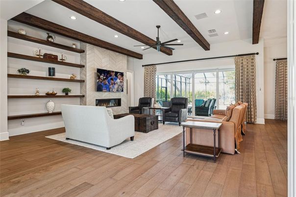 Fireplace, Interior, Living room, Recessed Lighting, Wooden Beams, Wood Texture Flooring