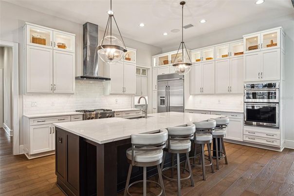 Interior, Kitchen, Pendant Lights, Recessed Lighting, Stainless Steel Appliances, Wood Texture Flooring