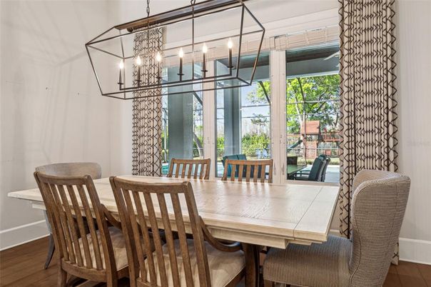 Chandelier, Dining room, Interior, Pendant Lights, Wood Texture Flooring