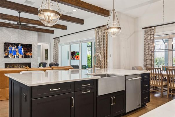 Dining room, Fireplace, Interior, Kitchen, Pendant Lights, Recessed Lighting, Wooden Beams, Wood Texture Flooring