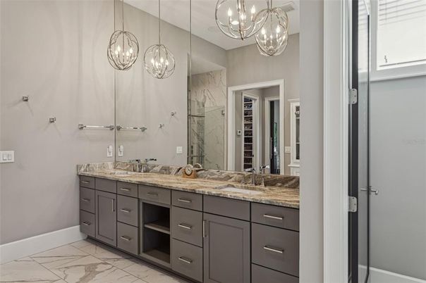 Bathroom, Dual Sink Vanities, Interior, Marble, Pendant Lights
