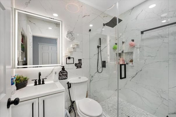 Bathroom, Glass Shower, Interior, Marble Walls, Recessed Lighting