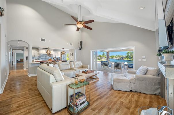 Dining room, Interior, Kitchen, Living room, Pendant Lights, Recessed Lighting, Water, Wood Texture Flooring