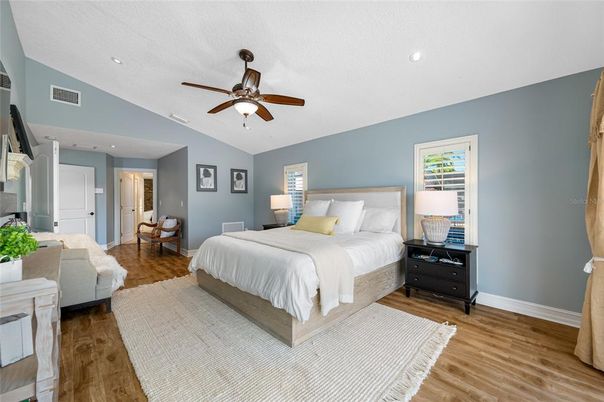 Bedroom, Interior, Recessed Lighting, Wood Texture Flooring