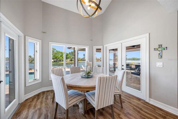 Dining room, Interior, Pendant Lights, Water, Wood Texture Flooring