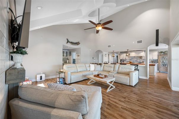 Fireplace, Interior, Kitchen, Living room, Pendant Lights, Recessed Lighting, Wood Texture Flooring