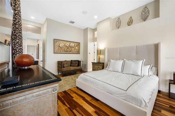 Bedroom, Interior, Recessed Lighting, Wood Texture Flooring