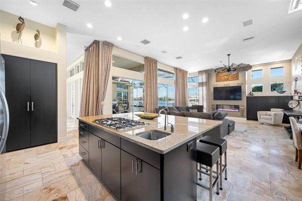 Fireplace, Interior, Kitchen, Living room, Recessed Lighting