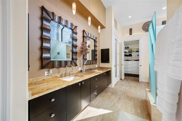 Bathroom, Dual Sink Vanities, Interior, Recessed Lighting, Wood Texture Flooring