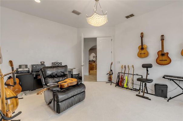Chandelier, Home Office, Interior, Piano, Recessed Lighting