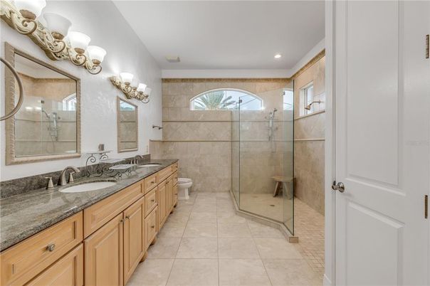 Bathroom, Dual Sink Vanities, Glass Shower, Interior, Recessed Lighting