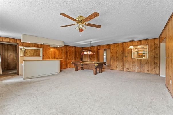 Billiard Table, Game Room, Interior, Pendant Lights, Wooden Walls