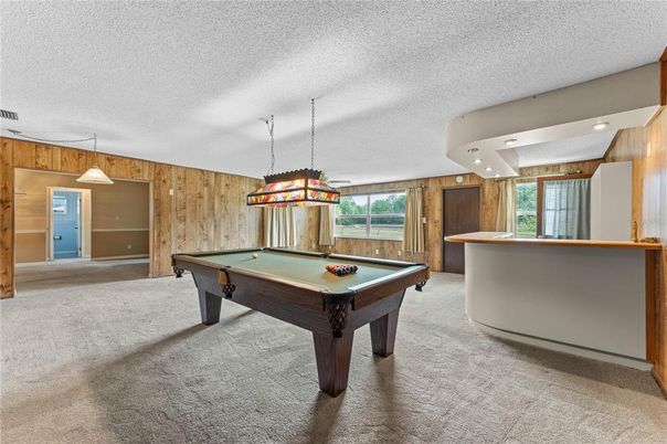 Billiard Table, Game Room, Interior, Pendant Lights, Recessed Lighting, Wooden Walls
