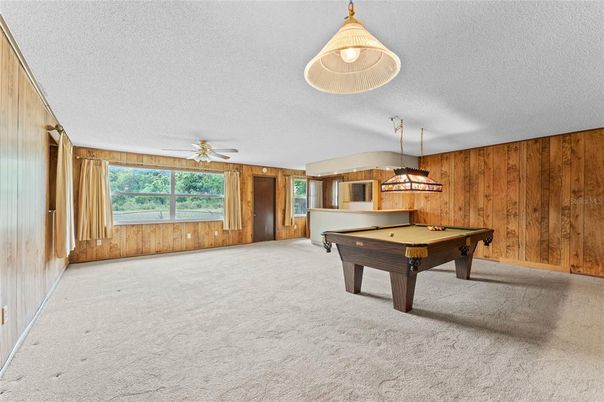 Billiard Table, Game Room, Interior, Pendant Lights, Wooden Walls