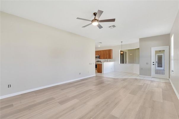 Empty room, Interior, Kitchen, Pendant Lights, Recessed Lighting, Wood Texture Flooring