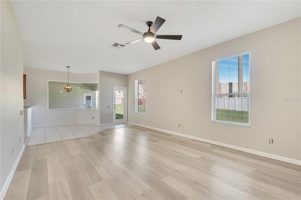 Empty room, Interior, Pendant Lights, Wood Texture Flooring