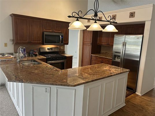 Interior, Kitchen, Pendant Lights, Stainless Steel Appliances, Wood Texture Flooring