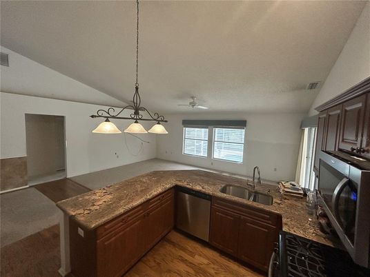 Interior, Kitchen, Pendant Lights, Wood Texture Flooring