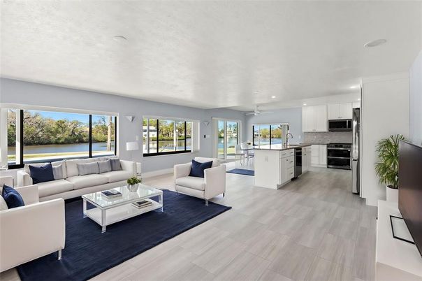Interior, Kitchen, Living room, Recessed Lighting, Stainless Steel Appliances, Wood Texture Flooring
