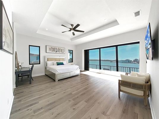 Bedroom, Interior, Recessed Lighting, Water, Wood Texture Flooring