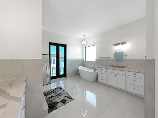 Bathroom, Dual Sink Vanities, Free Standing Baths, Interior, Pendant Lights